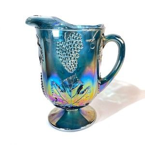Indiana Glass HARVEST Blue Iridescent Pitcher Carnival Glass Footed VTG 1970